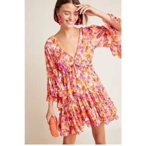 MISA Los Angeles dress Bright Pink Orange Yellow Floral Chiffon Bell Slv mini